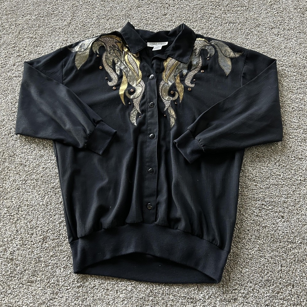 Vintage Donna Toran Blouse Womens S Black Metallic Embroidered Studded Top